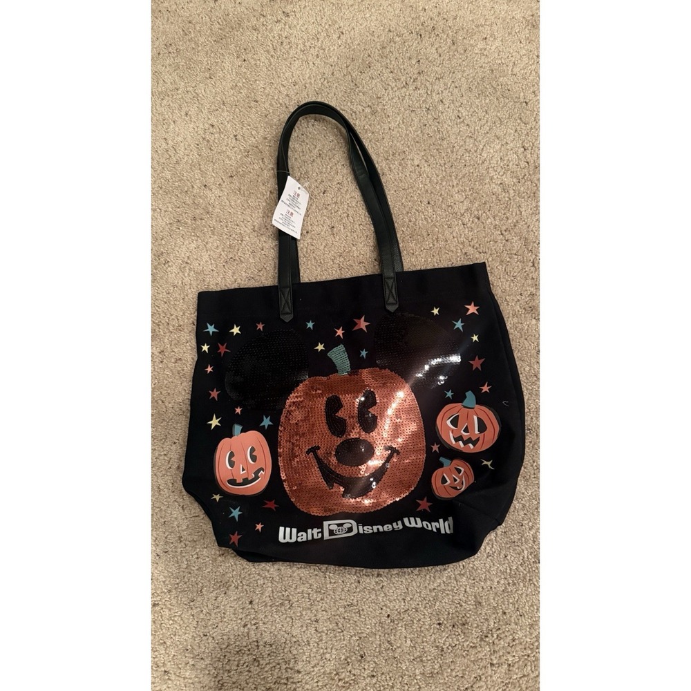 Disney Parks Walt Disney World HALLOWEEN Mickey Pumpkin Sequin Tote Bag NEW